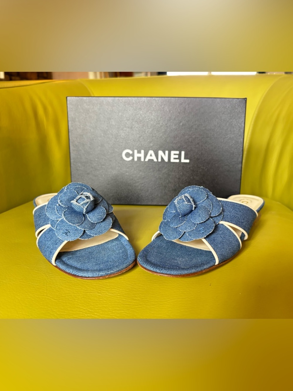 Chanel 03C Denim Camellia Mules Blue CC Logo Slides Size 36.5 Y2K Rare